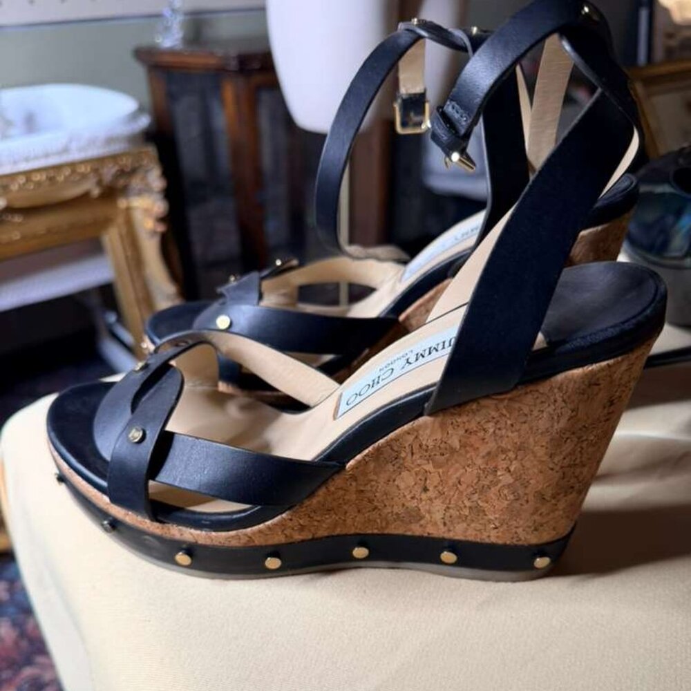 Jimmy Choo Black Leather Cork Wedge Sandals Size 40 Made in Spain